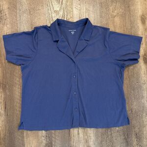 Eileen Fisher Sleep Lounge Top Large Organic Cotton Interlock Knit Shirt Blue